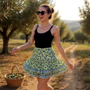 BCBGMaxAzria Floral Ruffle Mini Skirt – Yellow & Blue Tiered Print | Size 6